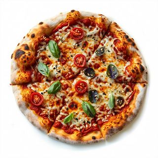 Pizza con pomodoro, mozzariso, wega wurstel, cipolla e olive