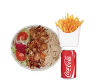 Plato con pan carne de pollo o ternera y bebida