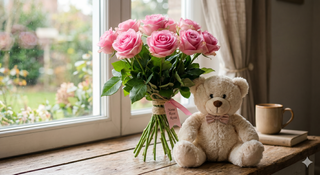 9 rose rosate con peluche