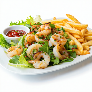 Calamar a la plancha, ensalada y patatas fritas