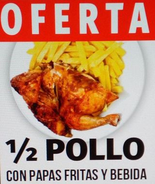 Medio pollo ,papas fritas,una lata de refresco de 3.30cl,Fanta, Coca-Cola,