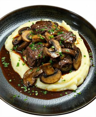 Obrăjori de vită în sos de trufe cu piure de cartofi