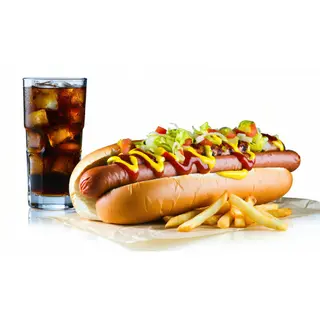 Perrito salchicha asada + papas y bebida