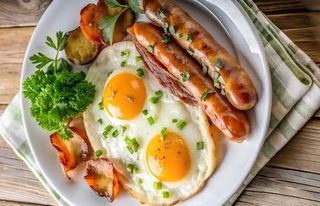 Omelette of 3 eggs  and a pair chicken sausages 