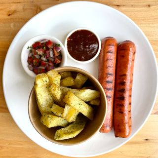 Choma Sausages served with French Fries, Kachumbari and BBQ Sauce
