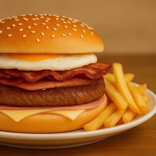 Hamburguesa mixta con huevo, bacon y patatas