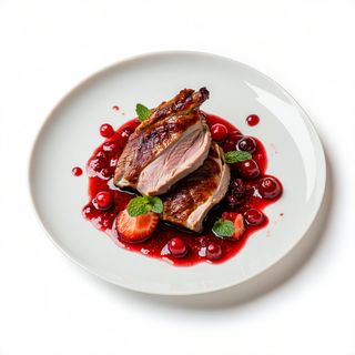 Magret de pato con frutos rojos y su guarnición