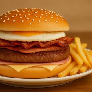 hamburguesa mixta de pollo, con huevo, bacon y patatas