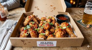 Бокс с хапки, крилца, бутчета и леко пикантен сос