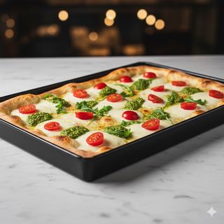 Pomodoro pachino, mozzarella, provola e pesto di rucola in teglia