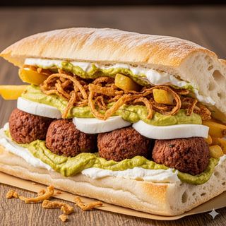 Polpetta di cavallo al pistacchio, bufala, crema di pistacchio, cipolla croccante, patatine e Philadelphia