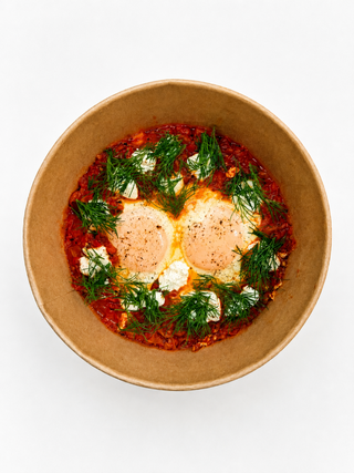 Shakshuka with charred bell pepper and cream cheese
