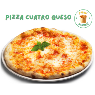 Pizza Cuatro queso con bebida.