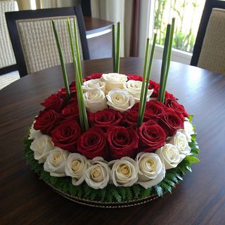 Arrangement Rond - 30 Roses Rouges Et Blanches