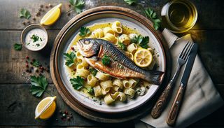 File de biban la tigaie cu paste proaspete și sos de vin cu unt