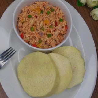 Boiled sweet potatoes and scrambled eggs