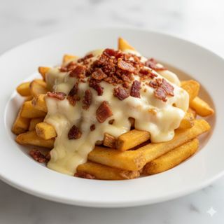 Patatas con queso trufado y bacon crujiente