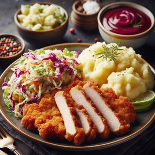 Șnițel porc cu piure de cartofi și salată de varză