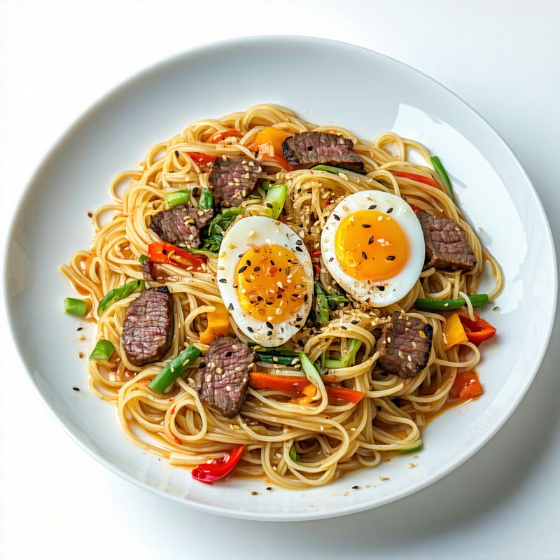Tallarines Fideo Cristal, Ternera, Huevo y Verduras
