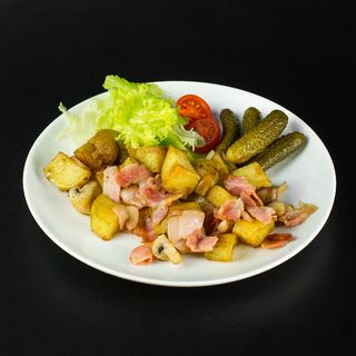 Картопля запечена, бекон, печериці, корнішони