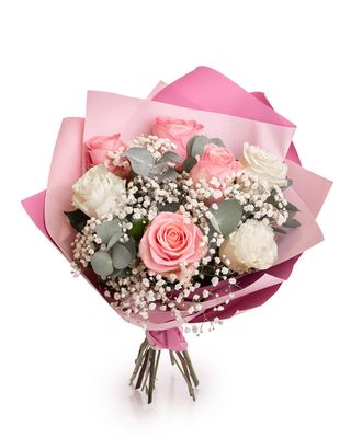 Buchet clasic din trandafiri albi şi roz