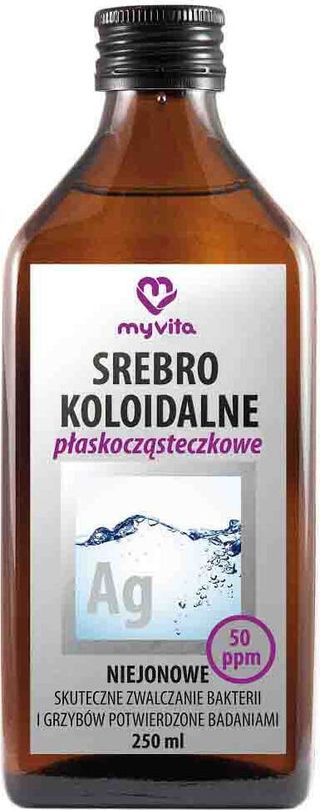Srebro koloidalne Ag niejonowe płaskocząsteczkowe 50 ppm 250 ml MyVita