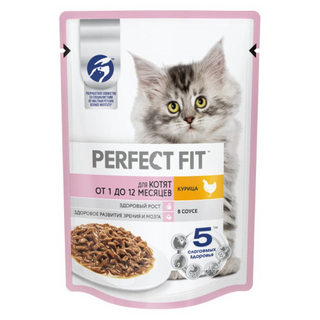 Влажный корм PERFECT FIT™ для котят от 1 до 12 месяцев, с курицей в соусе, 75г  4660085515545