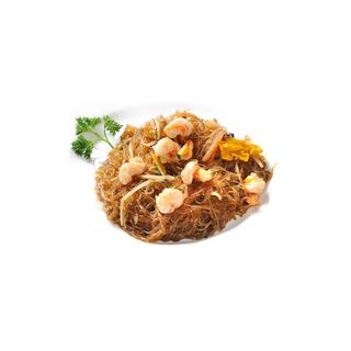 Spaghetti di soia saltato con gamberi e verdure