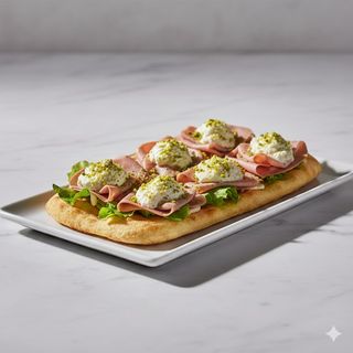 Mortadella, stracciatella e granella di pistacchio in teglia