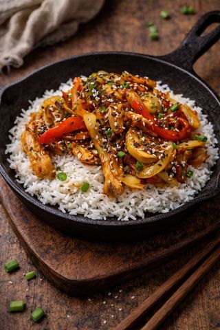 Tigaie asiatica porc cu orez