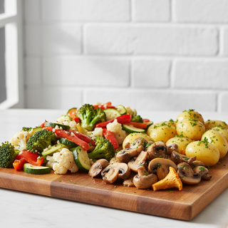 Platou  asortat de legume sote, ciuperci la tigaie si cartofi natur