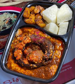 Ewa Agoyin, Yam Chunks ,Fish And Ponmo With Agoyin Sauce