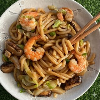 Spaghetti Udon con gamberi