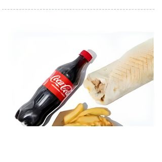 М'ясо у лаваші/свинина з картоплею фрі з сирним соусом та кола 0.5