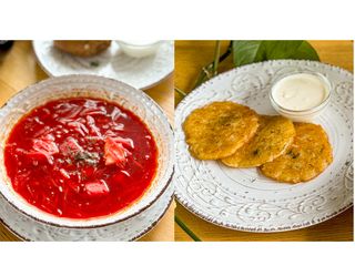 Barszcz ukraiński z wołowiną+ Placki Ziemniaczane ze śmietaną 3 szt