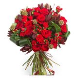 Buchet (1006)Eternitate din 25 trandafiri rosii, leucadandron, hypericum si verdeata decorativa