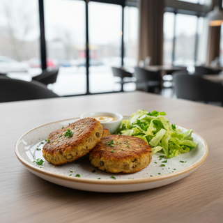 Chiftelute din linte cu orez si salata iceberg, sos de mustar (post)