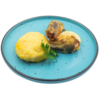 Merluciu prăjit cu mamaligă şi usturoi 200/200/50 gr