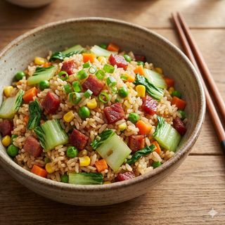 Riso con verdure cinese e maiale essiccata