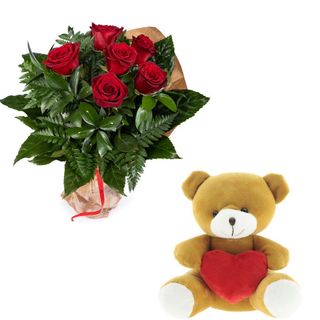 SEIS ROSAS COLOR ROJO CON OSO DE PELUCHE CON CORAZÓN