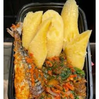 Boiled plantain + vegetable sauce + Titus fish