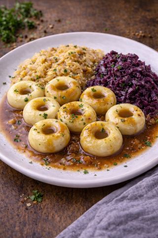 Kluski śląskie z sosem pieczeniowym i dwiema kapustami