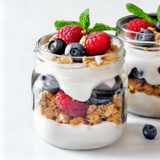Vaso de Granola, yogurt y fruta fresca