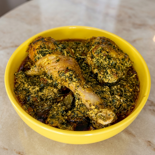 Afang Soup Mixed With Okro, Fufu/Eba And Beef