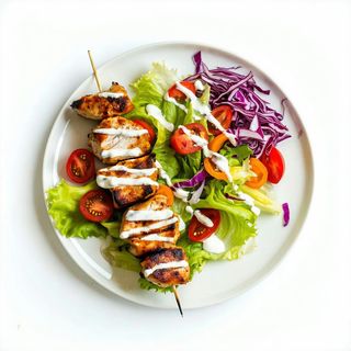 Kebab di pollo al piatto con contorno di insalata mista