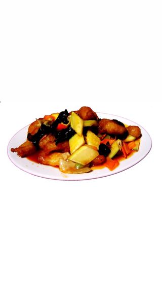 172. Панирана риба с китайски гъби, бамбук и зеленчуци (600г)