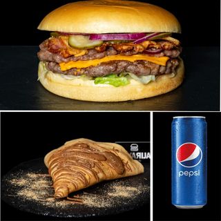Double bacon smash burger + palačinka Nutella + Pepsi