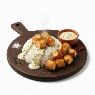 Cuburi din piept de pui cu sos blue cheese si orez basmati