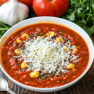 Mexican Tomato Soup with Corn and Pecorino Cheese