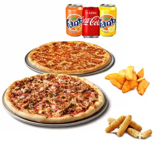 2 Pizzas medianas + 3 Bebidas + 1 Patatas gajo + Fingers queso x5